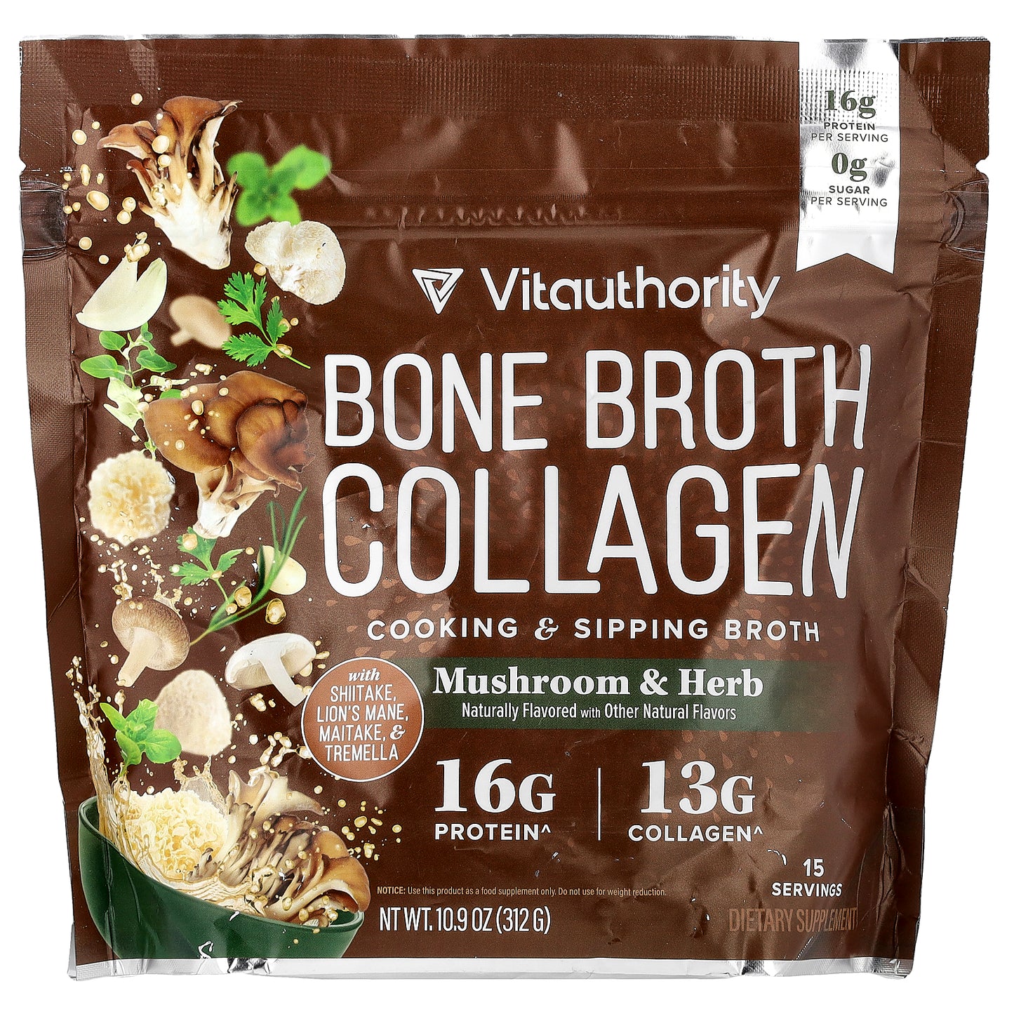 Vitauthority, Bone Broth Collagen, Cooking & Sipping Broth, Mushroom & Herb, 10.9 oz (312 g)