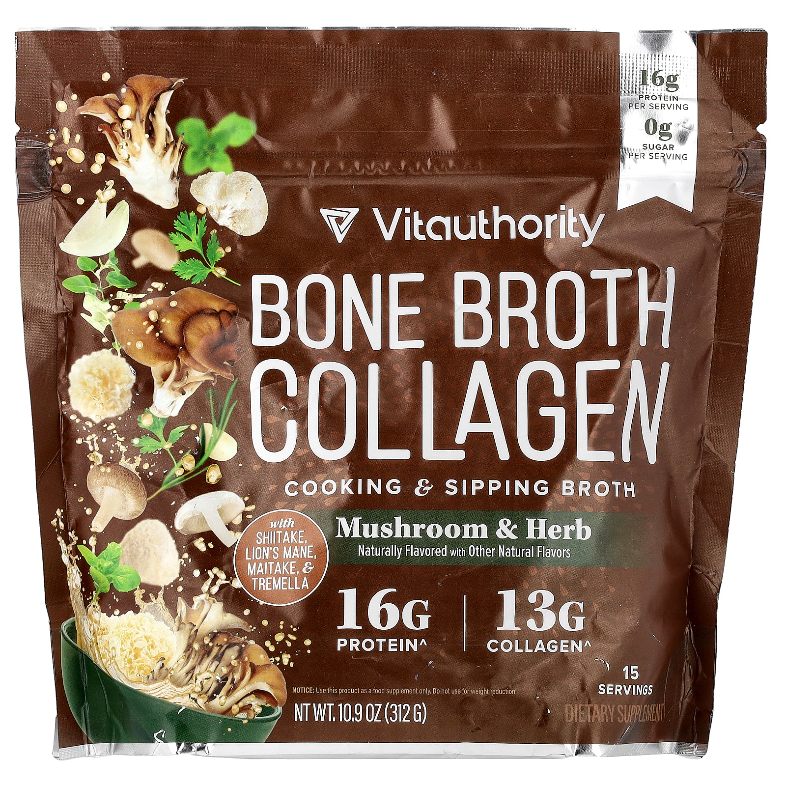 Vitauthority, Bone Broth Collagen, Cooking & Sipping Broth, Mushroom & Herb, 10.9 oz (312 g)