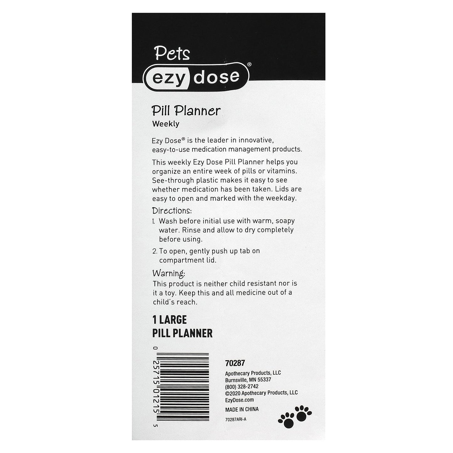 Ezy Dose, Pets, Weekly Pill Planner, Cats, Large, 1 Count