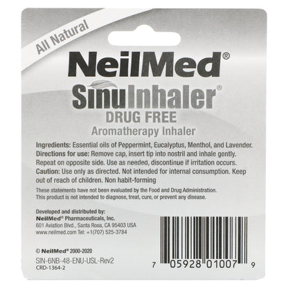 NeilMed, SinuInhaler, Aromatherapy Inhaler, Drug Free, 2 Inhalers, 0.014 oz (0.4 g)