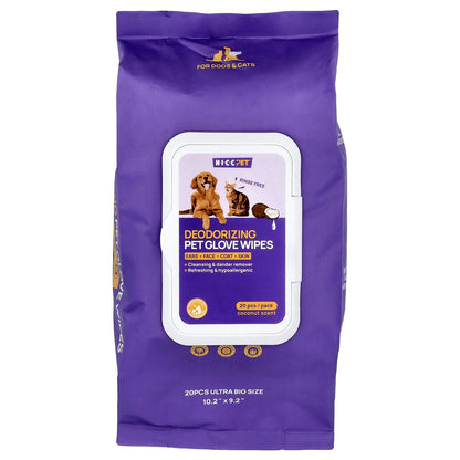 HICC Pet, Deodorizing Pet Glove Wipes, For Dogs & Cats, Coconut, 20 Pieces