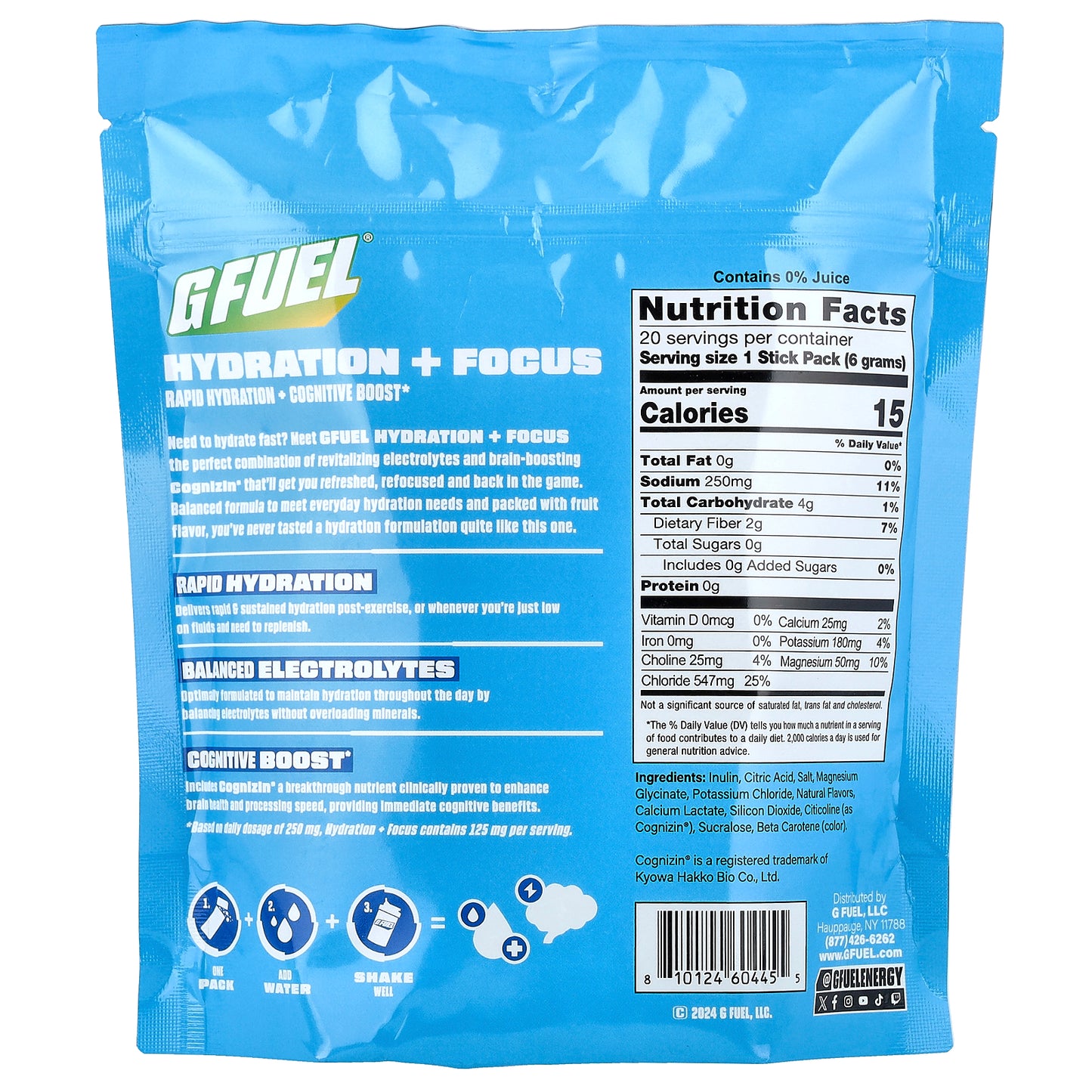 G FUEL, Hydration + Focus, Electrolyte Drink Mix with Cognizin®, Lemon Limelight, 20 Stick Packs, 0.21 oz (6 g) Each