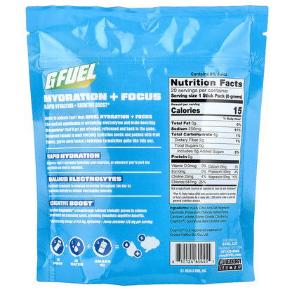 G FUEL, Hydration + Focus, Electrolyte Drink Mix with Cognizin®, Lemon Limelight, 20 Stick Packs, 0.21 oz (6 g) Each