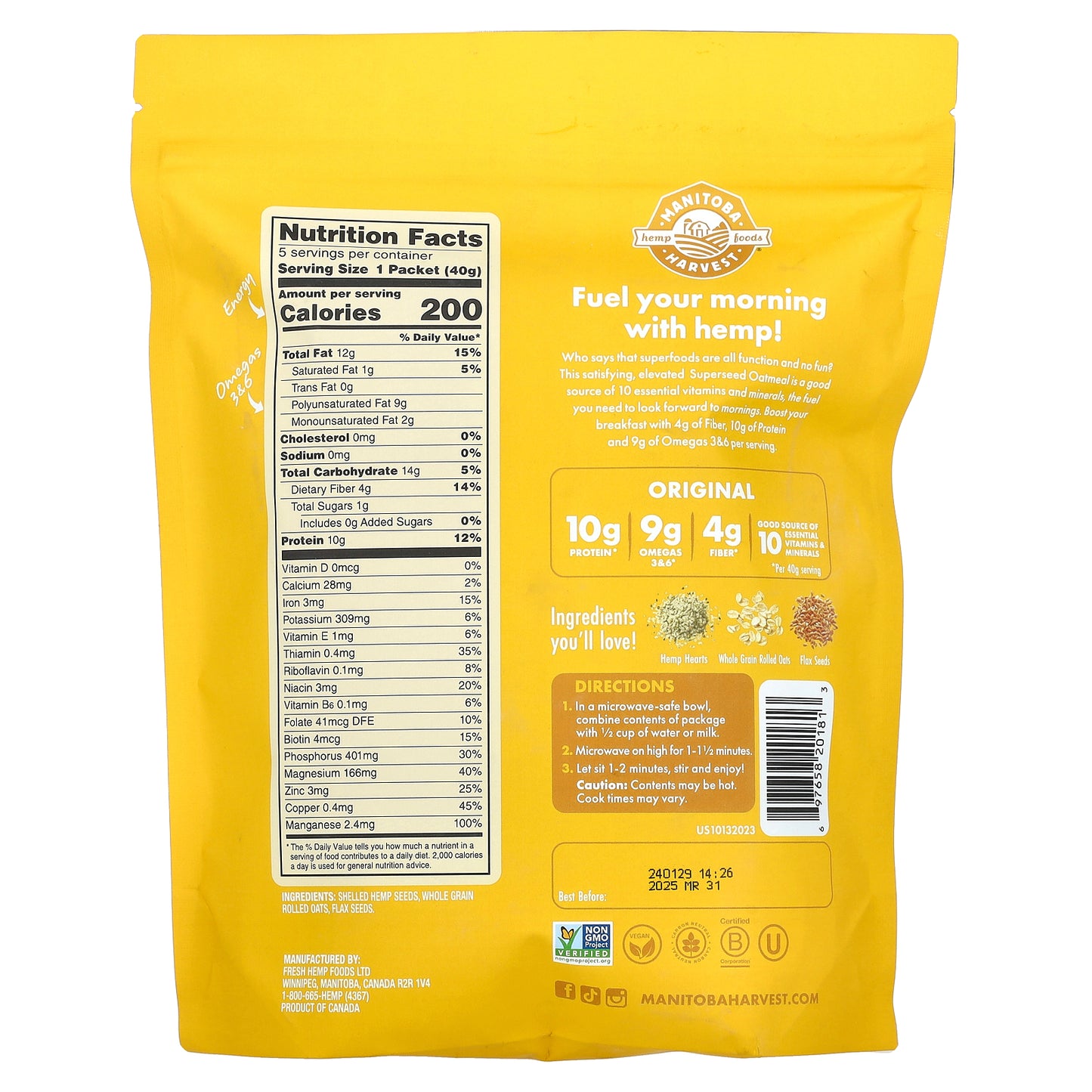 Manitoba Harvest, Instant Superseed Oatmeal, Original, 5 Packets, 1.41 oz (40 g) Each