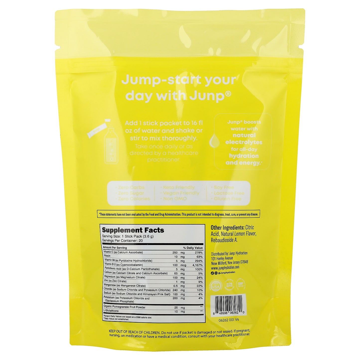JUNP Hydration, Electrolyte Powder Mix, Lemon, 20 Stick Packs, 0.13 oz (3.6 g) Each