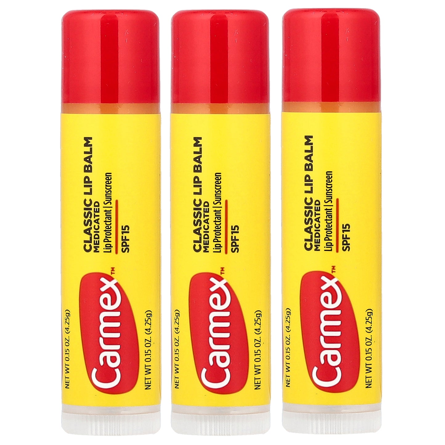 Carmex, Classic Lip Balm, Medicated, SPF 15, 3 Sticks, 0.15 oz (4.25 g) Each