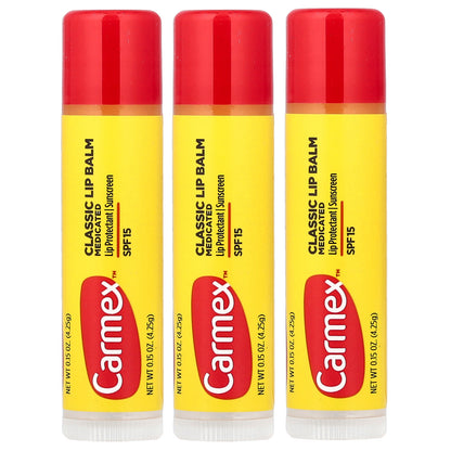 Carmex, Classic Lip Balm, Medicated, SPF 15, 3 Sticks, 0.15 oz (4.25 g) Each