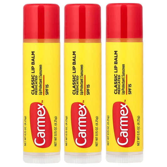 Carmex, Classic Lip Balm, Medicated, SPF 15, 3 Sticks, 0.15 oz (4.25 g) Each