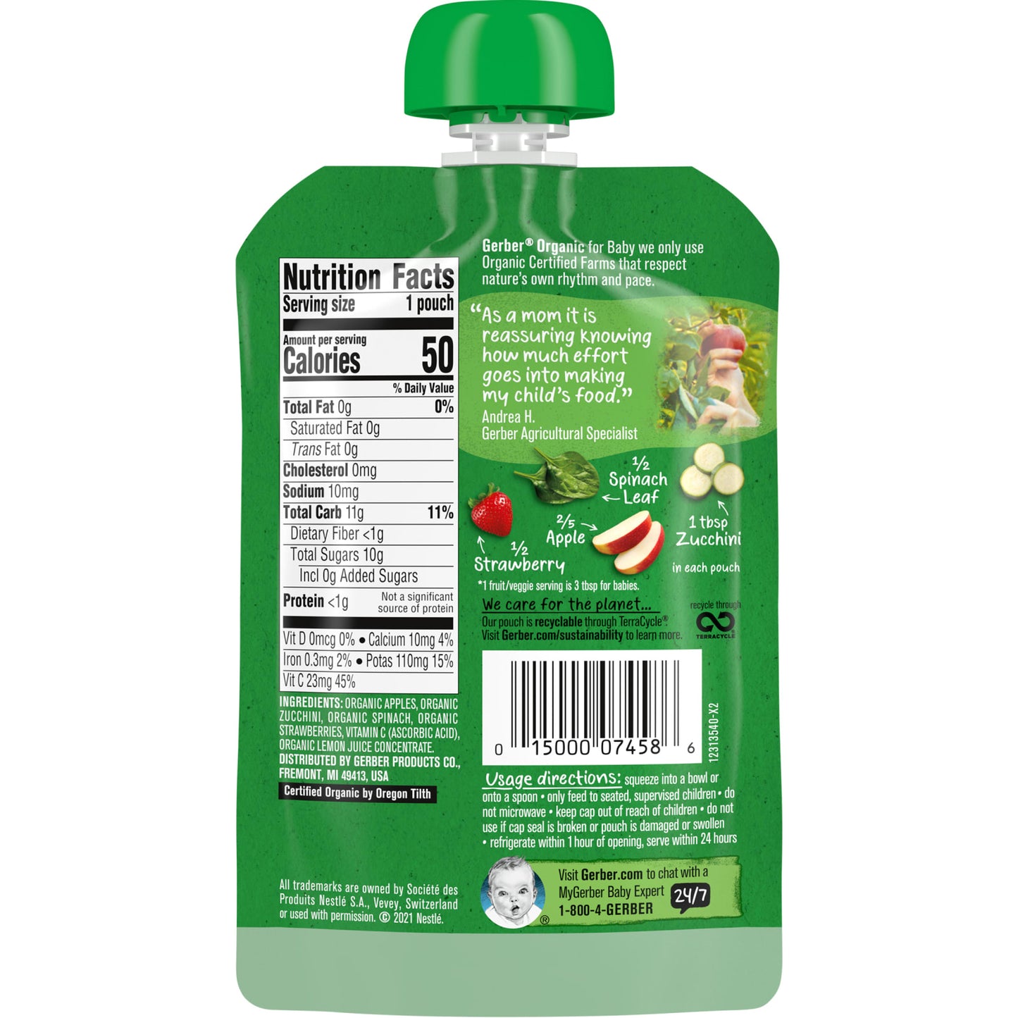 Gerber, Organic for Baby, 2nd Foods, Apple, Zucchini, Spinach, Strawberry, 3.5 oz (99 g)