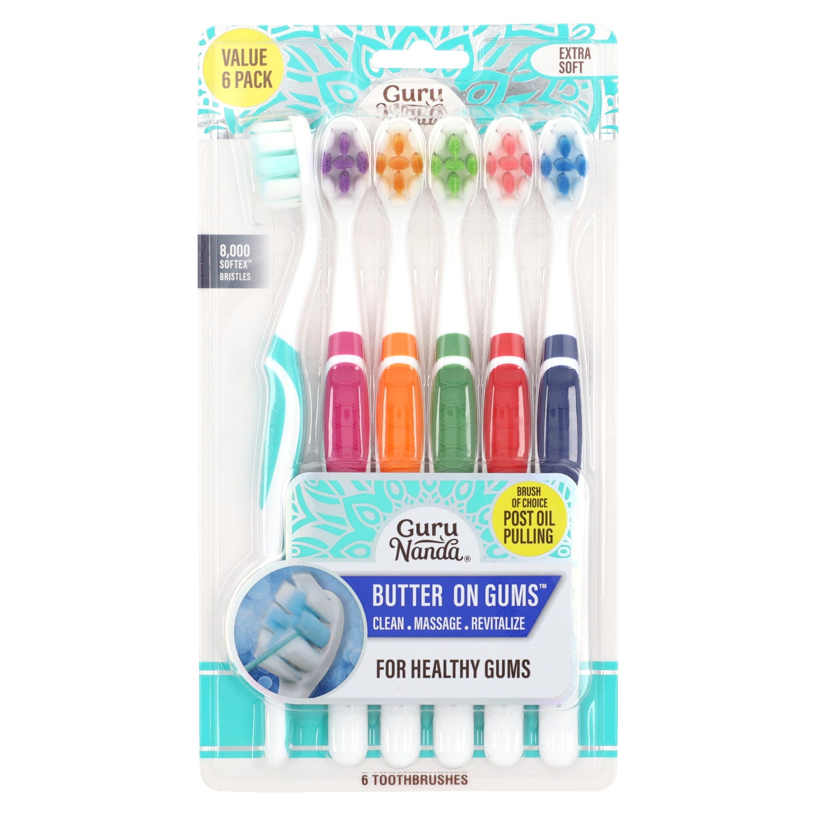 GuruNanda, Bristle Toothbrush Multi-Pack, Extra Soft, 6 Toothbrushes