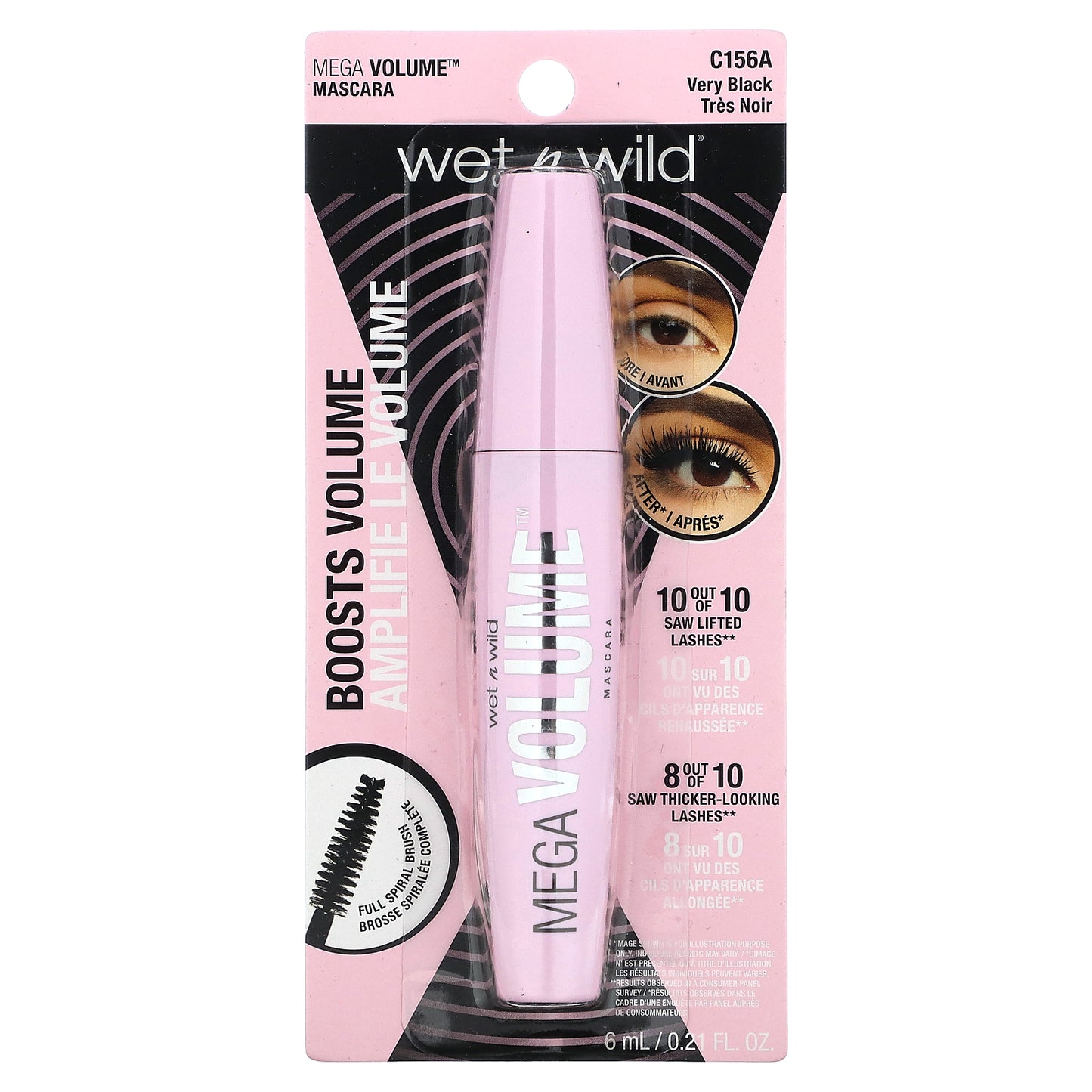 wet n wild, Mega Volume Mascara, C156A Very Black, 0.21 fl oz (6 ml)