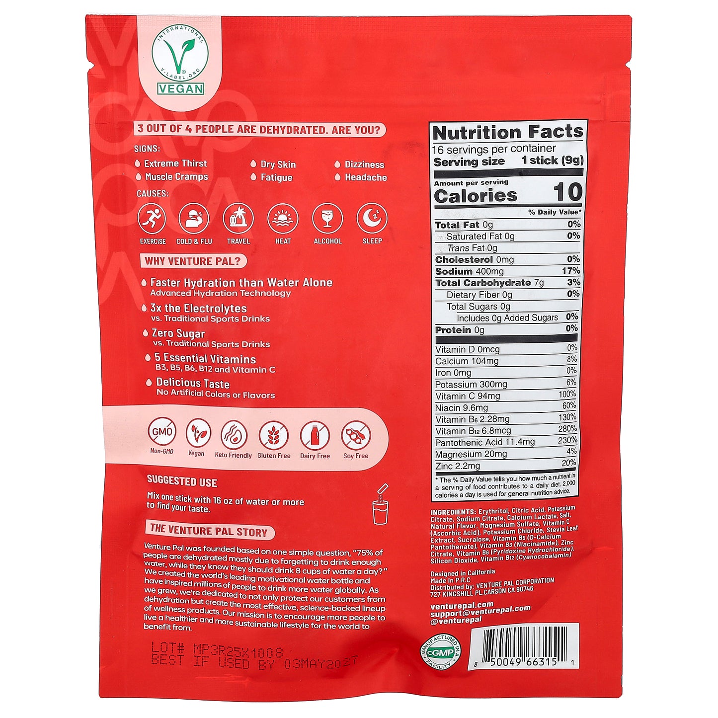 Venture Pal, Hydration Boost, Electrolyte Drink Mix, Cherry, 16 Sticks, 0.32 oz (9 g) Each