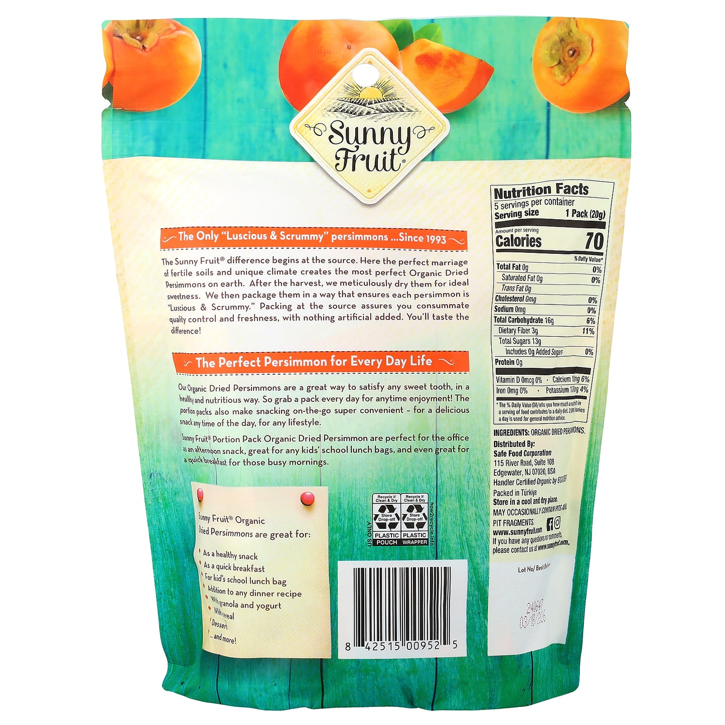 Sunny Fruit, Organic Dried Persimmons, 5 Portion Packs, 0.7 oz (20 g) Each
