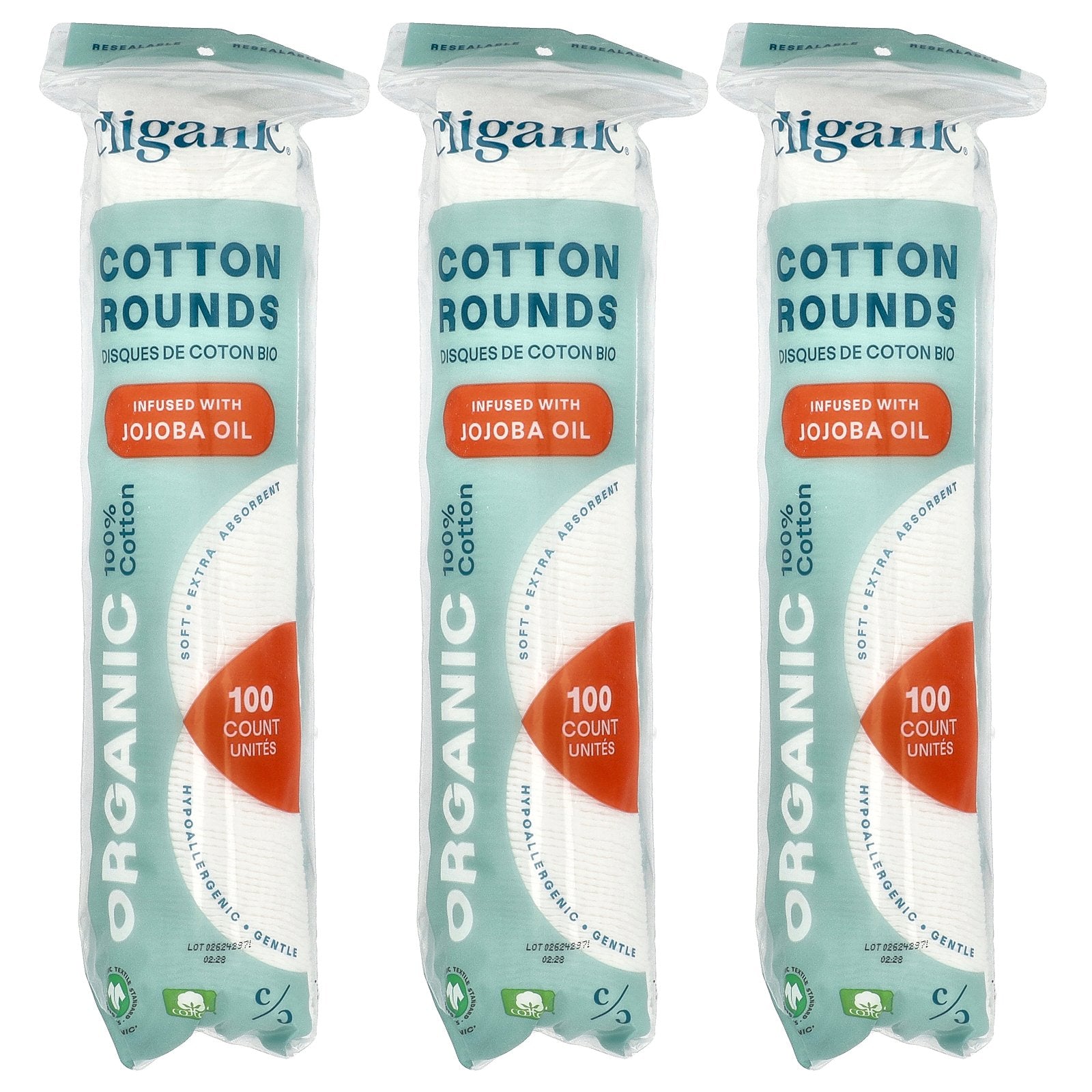 Cliganic, Organic Cotton Rounds Infused With Jojoba Oil , 3 Packs, (100 Cotton Rounds) Each