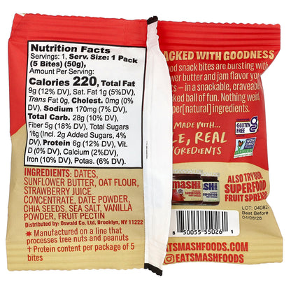 Smash Foods, Snack Bites, Sunflower Butter & Strawberry Jam, 5 Bites, 1.8 oz (50 g)