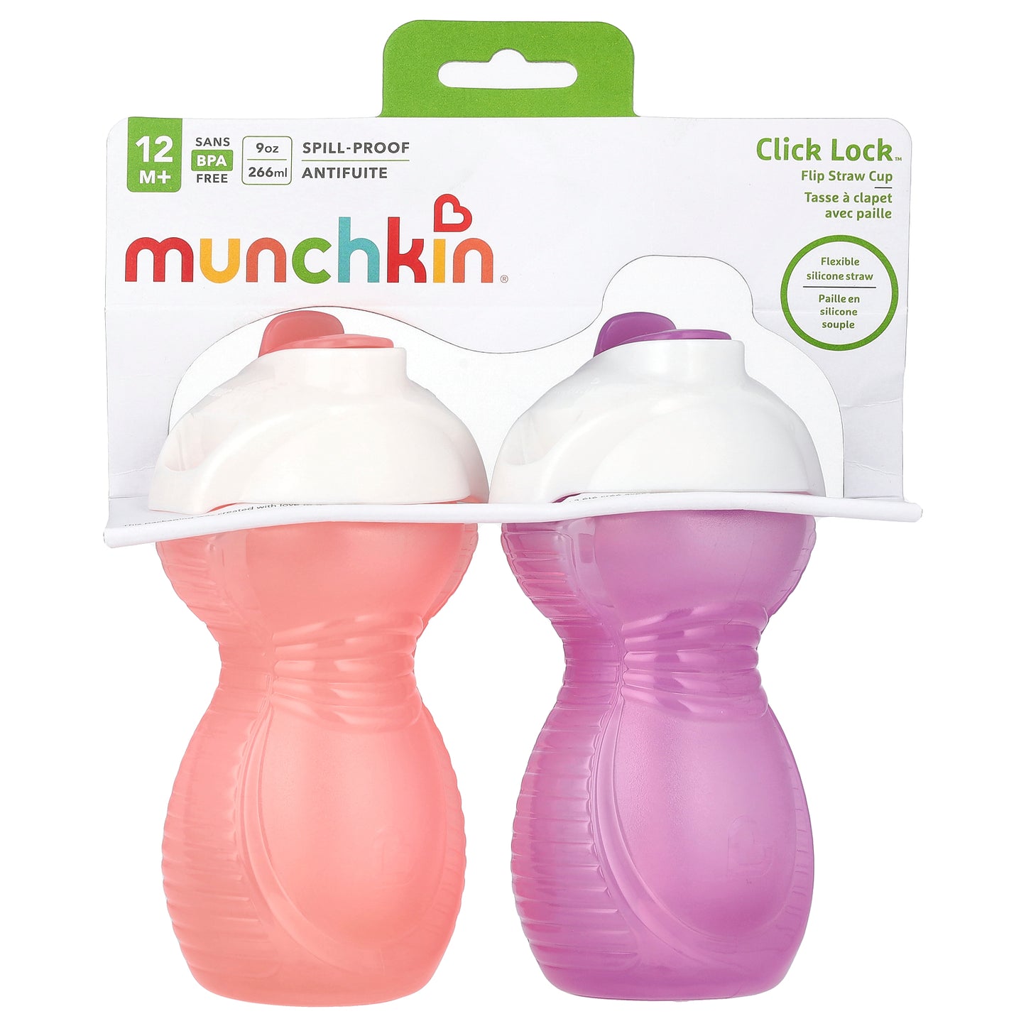 Munchkin, Click Lock™, Flip Straw Cup, 12 Months+, Light Pink & Light Purple, 2 Count, 9 oz (266 ml) Each