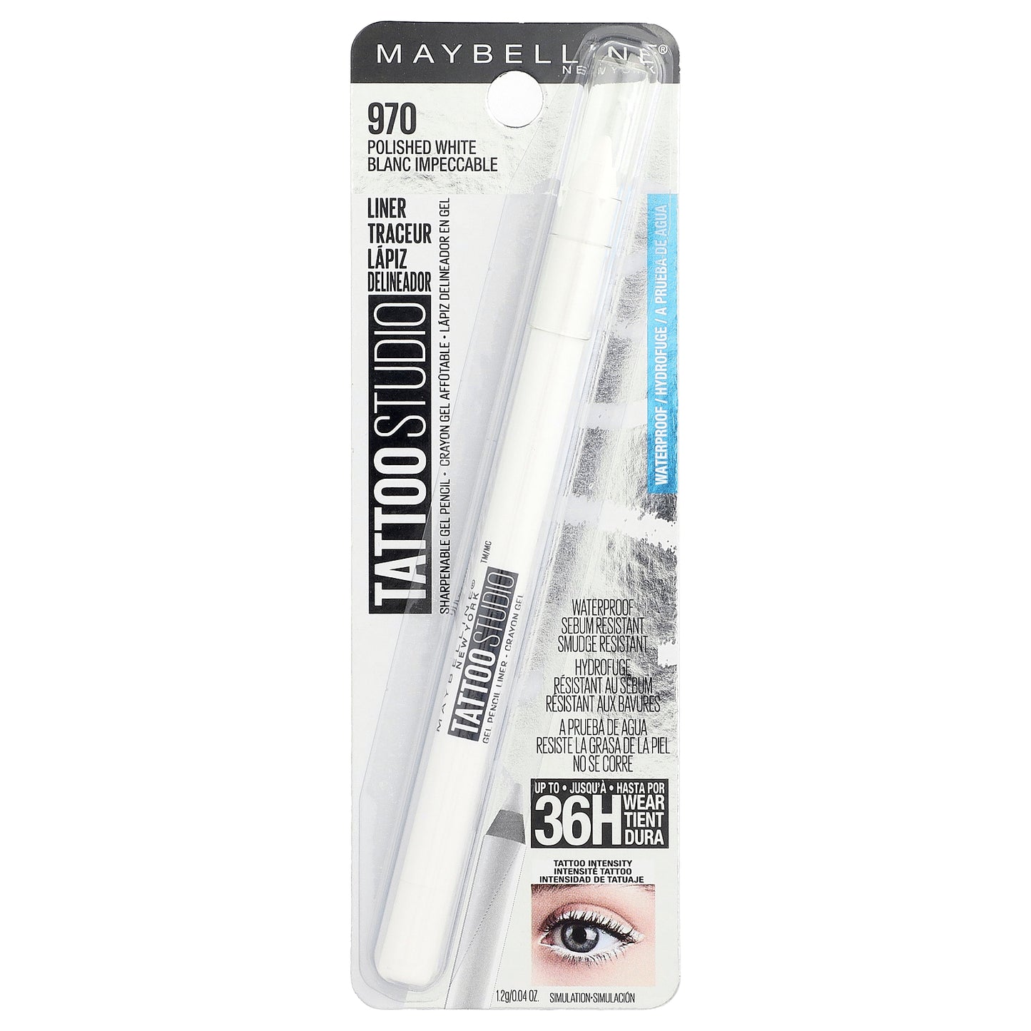 Maybelline, Tattoo Studio, Eyeliner, Sharpenable Gel Pencil, Waterproof, 970 Polished White, 0.04 oz (1.2 g)