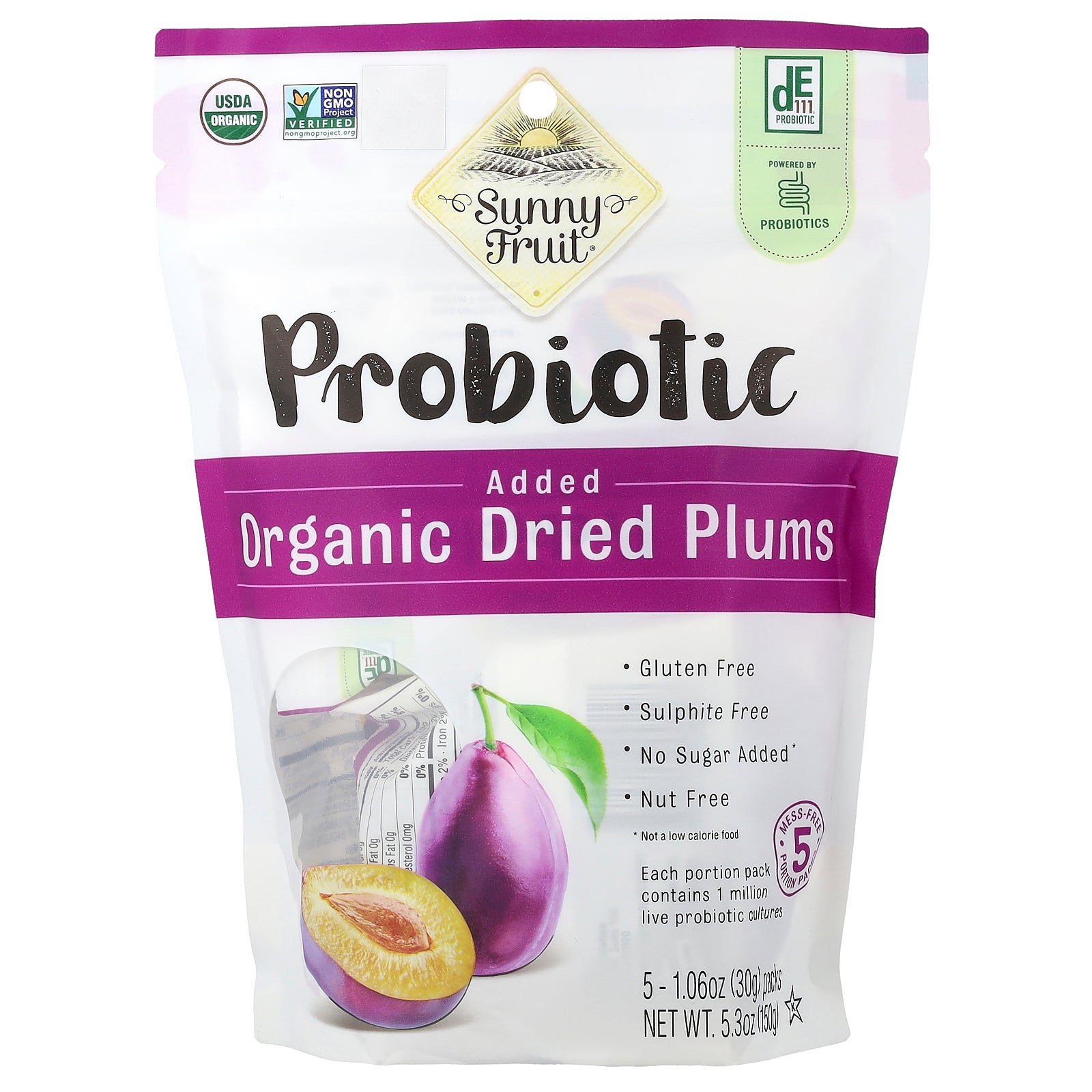 Sunny Fruit, Organic Dried Plums With Added Probiotics, 5 Packs, 1.06 oz (30 g) Each