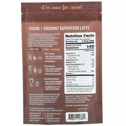 Hana Beverages, Cacao & Coconut Latte, Non-Coffee Superfood Beverage, 3.3 oz (93.6 g)