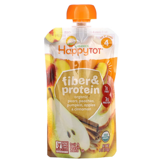 Happy Family Organics, Happy Tot, Fiber & Protein, Stage 4, Organic Pears, Peaches, Pumpkin, Apples & Cinnamon, 4 oz (113 g)