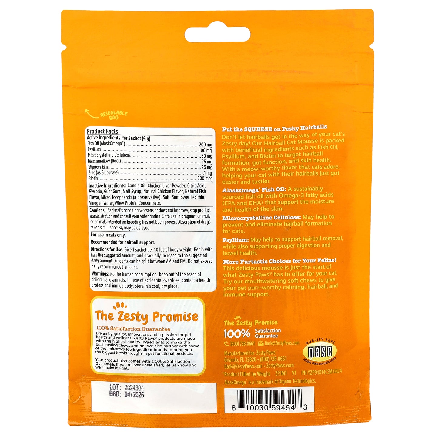 Zesty Paws, Hairball Cat Mousse, All Ages, Chicken, 14 Sachets, 0.2 oz (6 g) Each