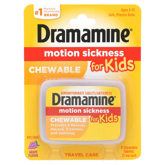 Dramamine, Motion Sickness For Kids, Ages 2 -12, Travel Case, Grape, 25 mg, 8 Chewable Tablets