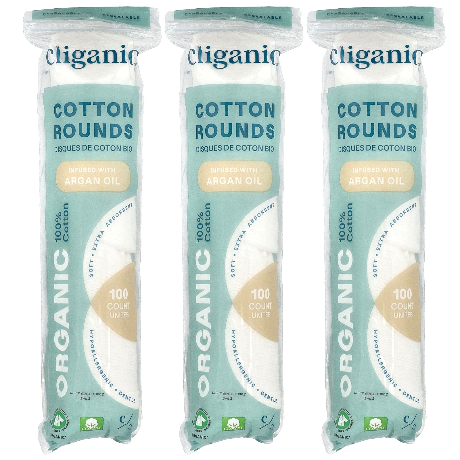 Cliganic, Organic Cotton Rounds Infused With Argan Oil , 3 Packs, (100 Cotton Rounds) Each