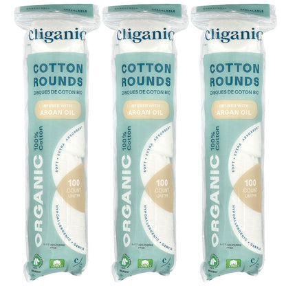 Cliganic, Organic Cotton Rounds Infused With Argan Oil , 3 Packs, (100 Cotton Rounds) Each