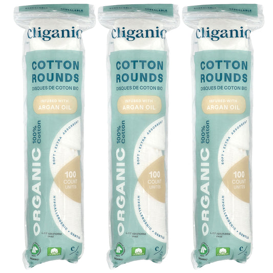 Cliganic, Organic Cotton Rounds Infused With Argan Oil , 3 Packs, (100 Cotton Rounds) Each