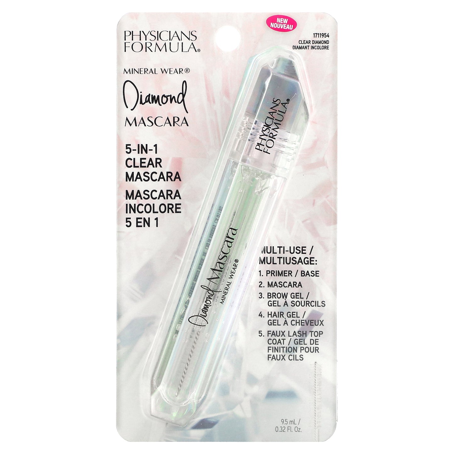 Physicians Formula, Mineral Wear, Diamond Mascara, 5-In-1 Clear Mascara, 1711954 Clear Diamond, 0.32 fl oz (9.5 ml)