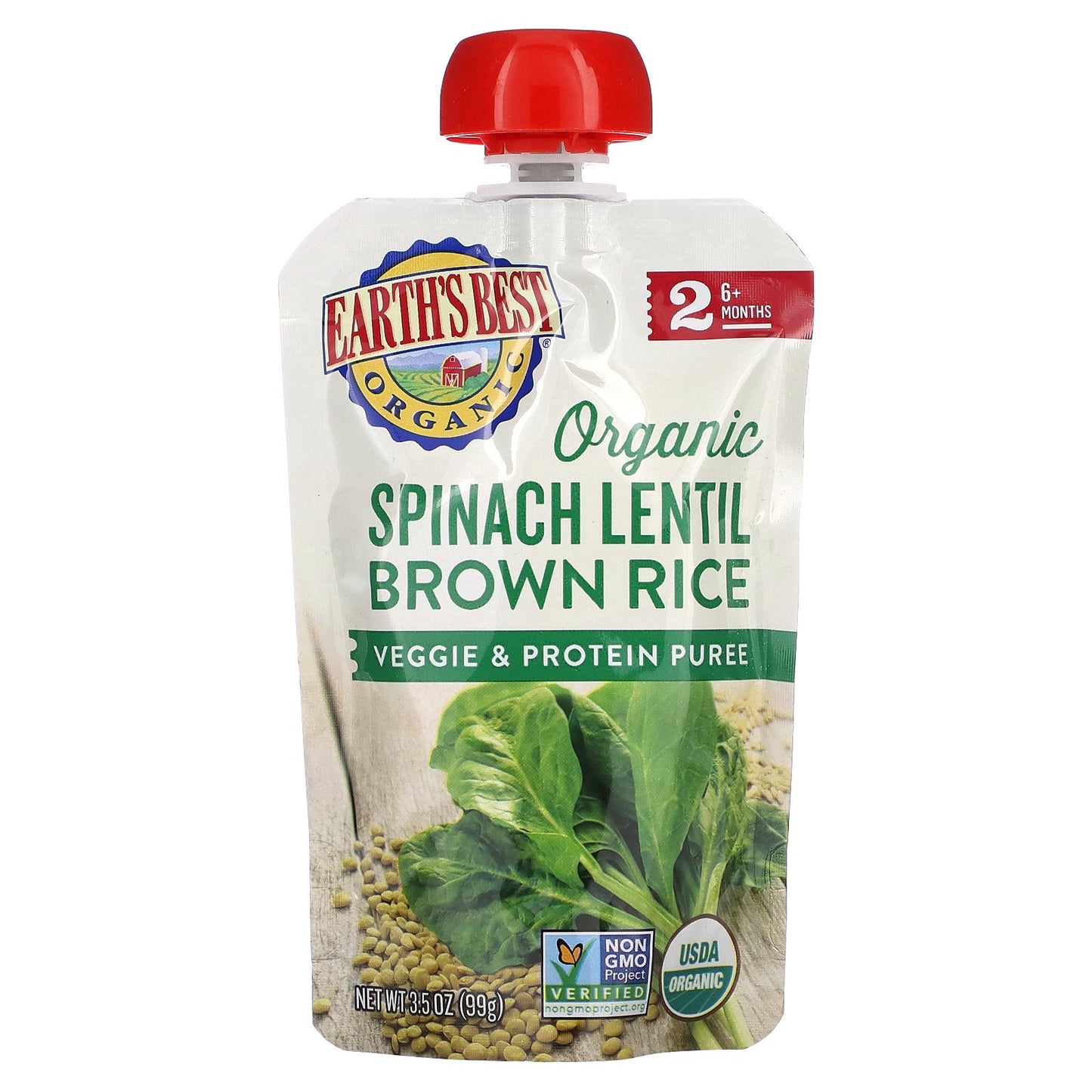 Earth's Best, Organic Veggie & Protein Puree, 6+ Months, Spinach Lentil Brown Rice, 3.5 oz (99 g)