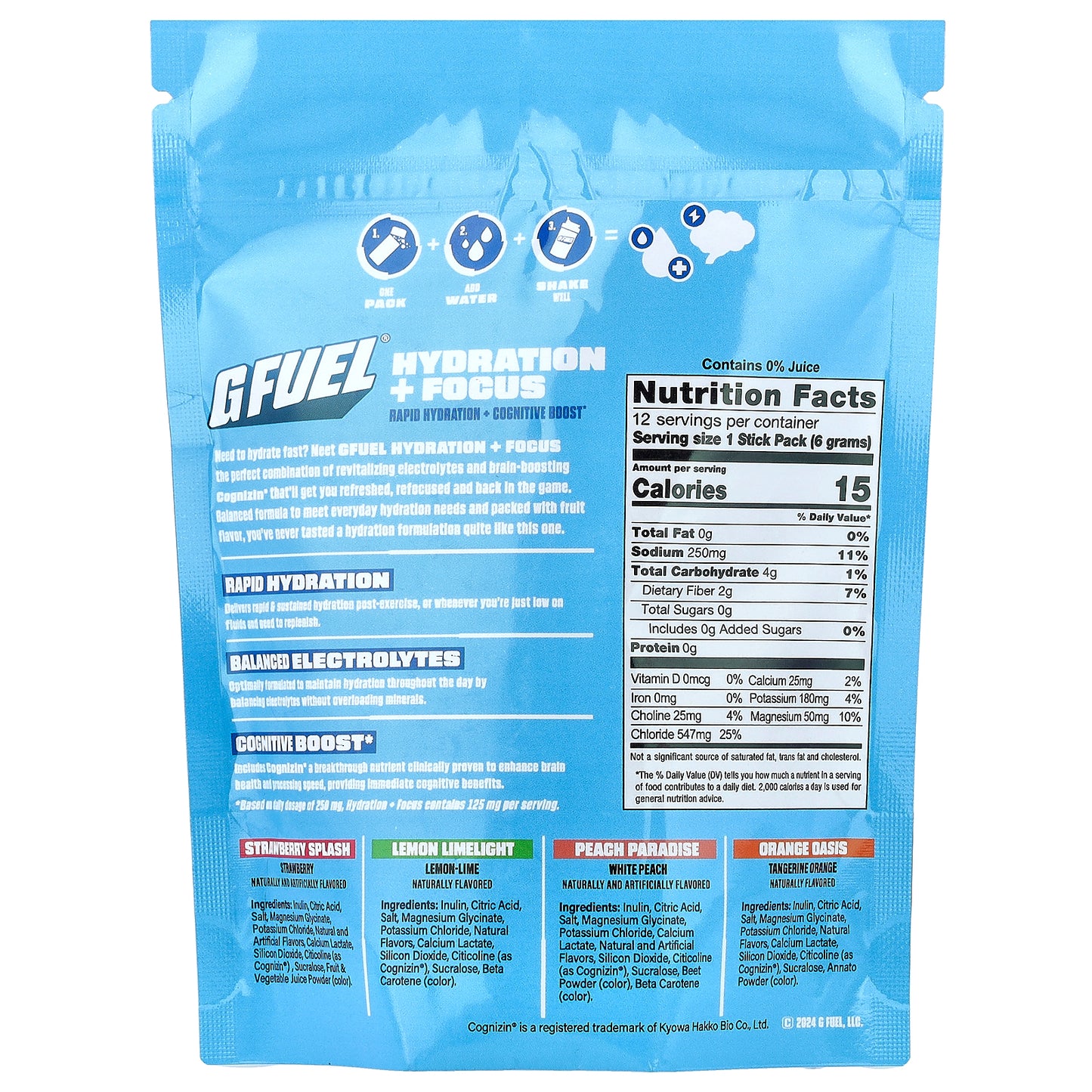 G FUEL, Hydration + Focus, Electrolyte Drink Mix with Cognizin®, Variety Pack, 12 Stick Packs, 0.21 oz (6 g) Each