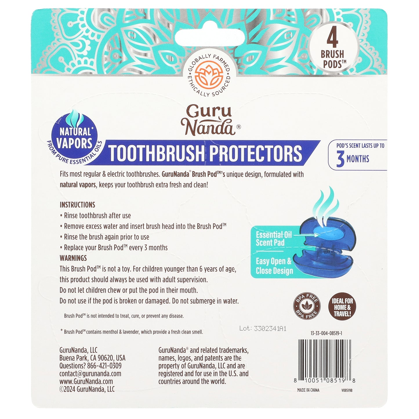 GuruNanda, Toothbrush Protectors, 4 Brush Pods