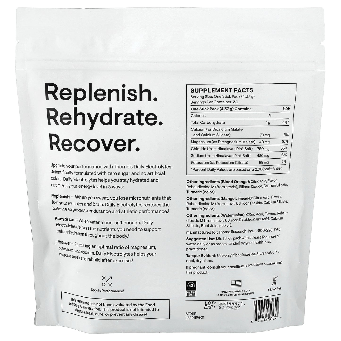 Thorne, Daily Electrolytes, Variety Pack, 30 Stick Packs, 0.15 oz (4.37 g) Each