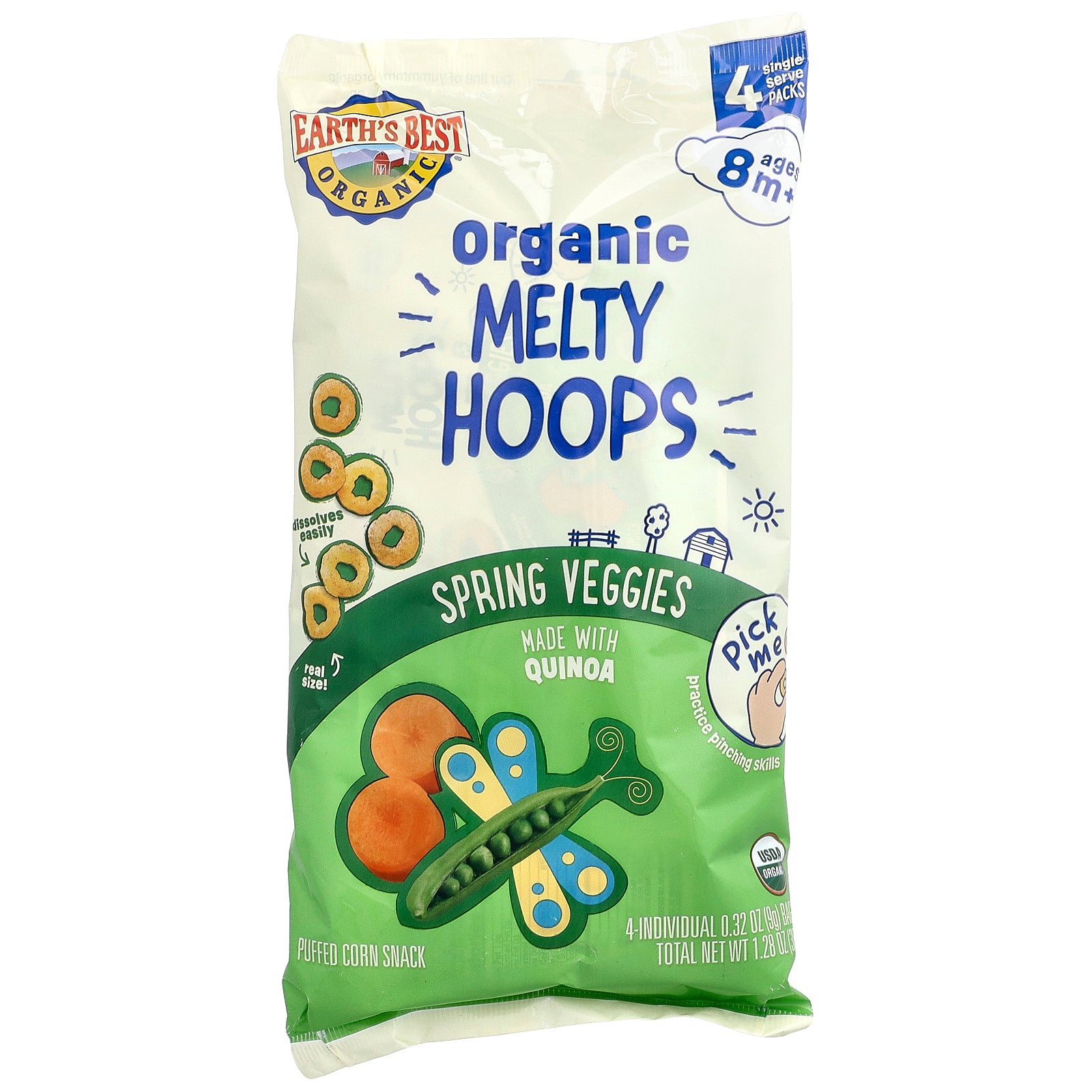 Earth's Best, Organic Melty Hoops, Puffed Corn Snack, 8+ Months, Spring Veggies, 4 Single Serve Packs, 0.32 oz (9 g) Each
