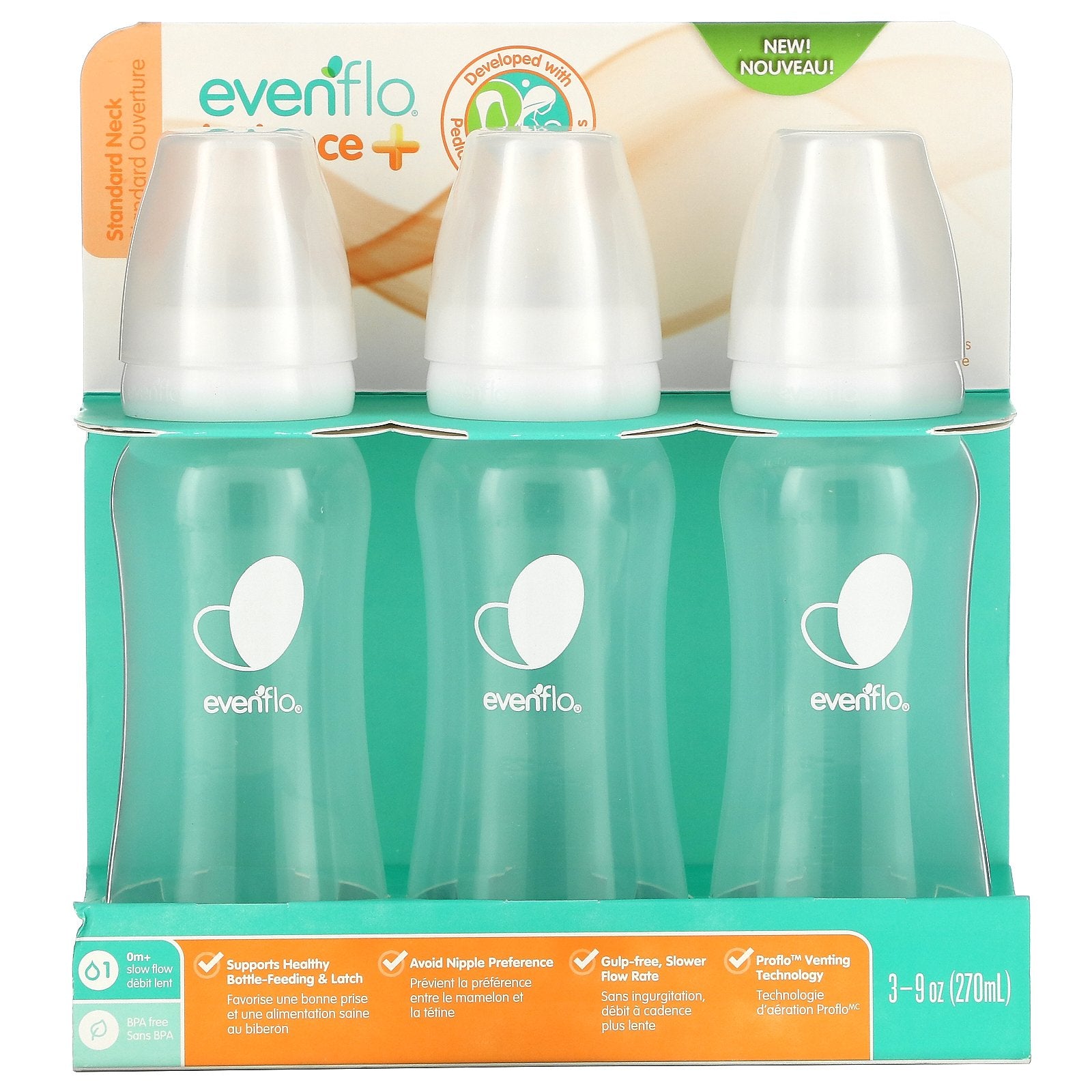 Evenflo Feeding, Balance+ Bottles, Standard, 0+ Months, Slow Flow, 3 Bottles, 9 oz (270 ml) Each