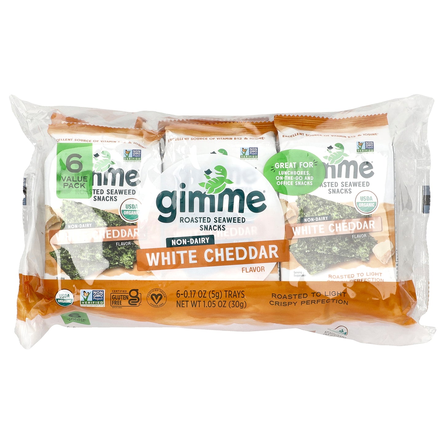 gimMe, Roasted Seaweed Snacks, White Cheddar, 6 Pack, 0.17 oz (5 g) Each