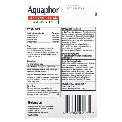 Aquaphor, Lip Repair Stick + Sunscreen, SPF 30, Fragrance Free, Dual Pack, 2 Sticks, 0.17 oz (4.8 g) Each