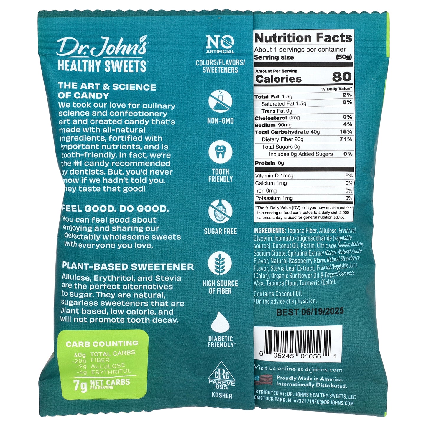 Dr. John's Healthy Sweets, Gummy Squares, Sugar Free, Green Apple, Blue Raspberry, & Strawberry, 1.8 oz (50 g)