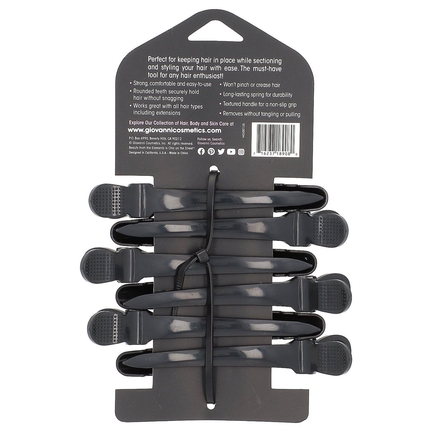 Giovanni, Multi-Purpose Crocodile Hair Styling Clips, Black, 6 Pieces
