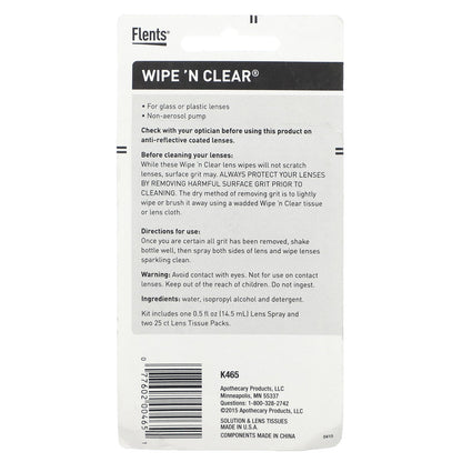 Flents, Wipe 'N Clear, Eyeglass Lens Cleaner, 50 Wipes, 1 Spray, 0.5 fl oz (14.5 ml)