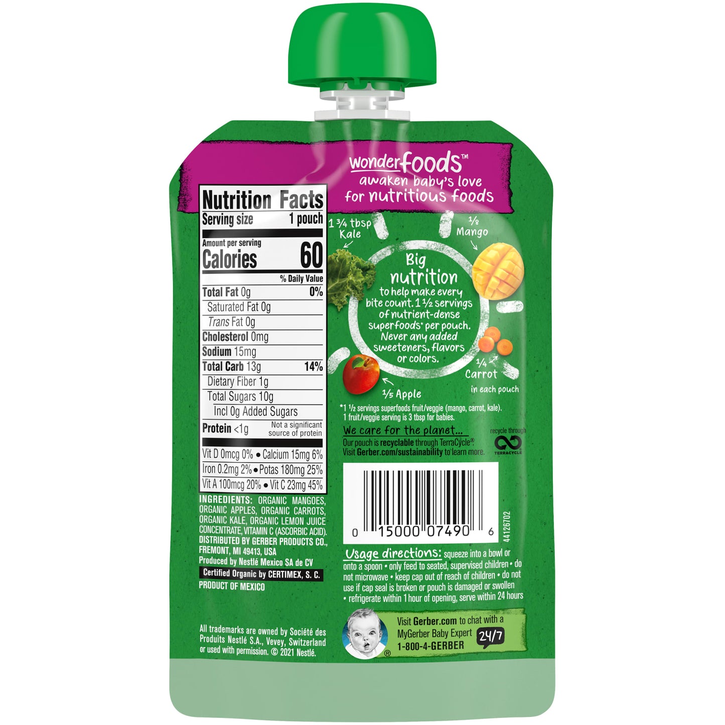 Gerber, Organic for Baby, Wonder Foods, Mango, Apple, Carrot, Kale, 3.5 oz (99 g)