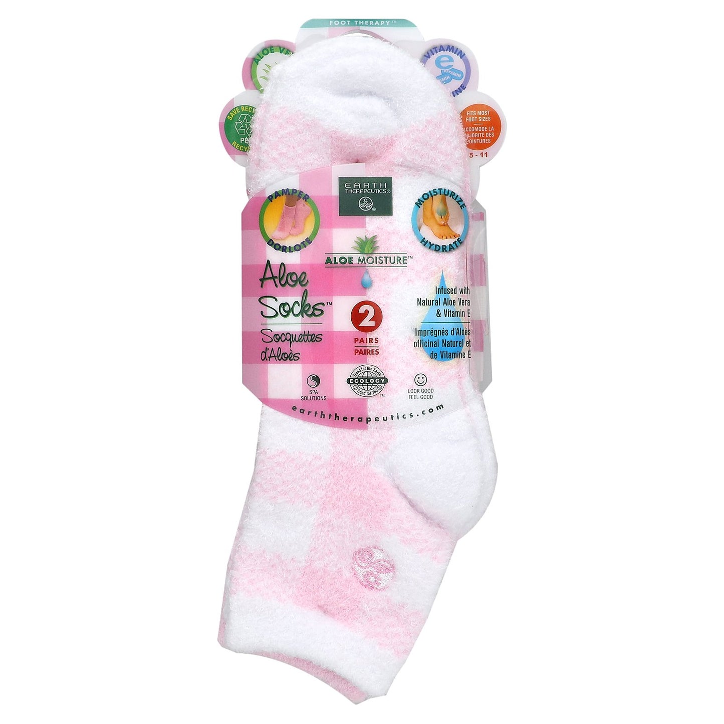 Earth Therapeutics, Aloe Moisture, Aloe Socks, Pink and White, 2 Pairs