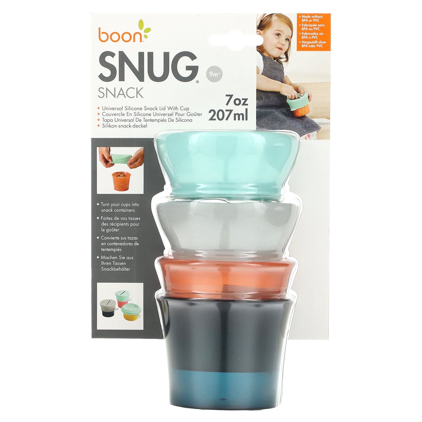 Boon, Snug Snack, Universal Silicone Snack Lid with Cup, 9m+, 2 Cups & 2 Lids, 7 oz (207 ml) Each