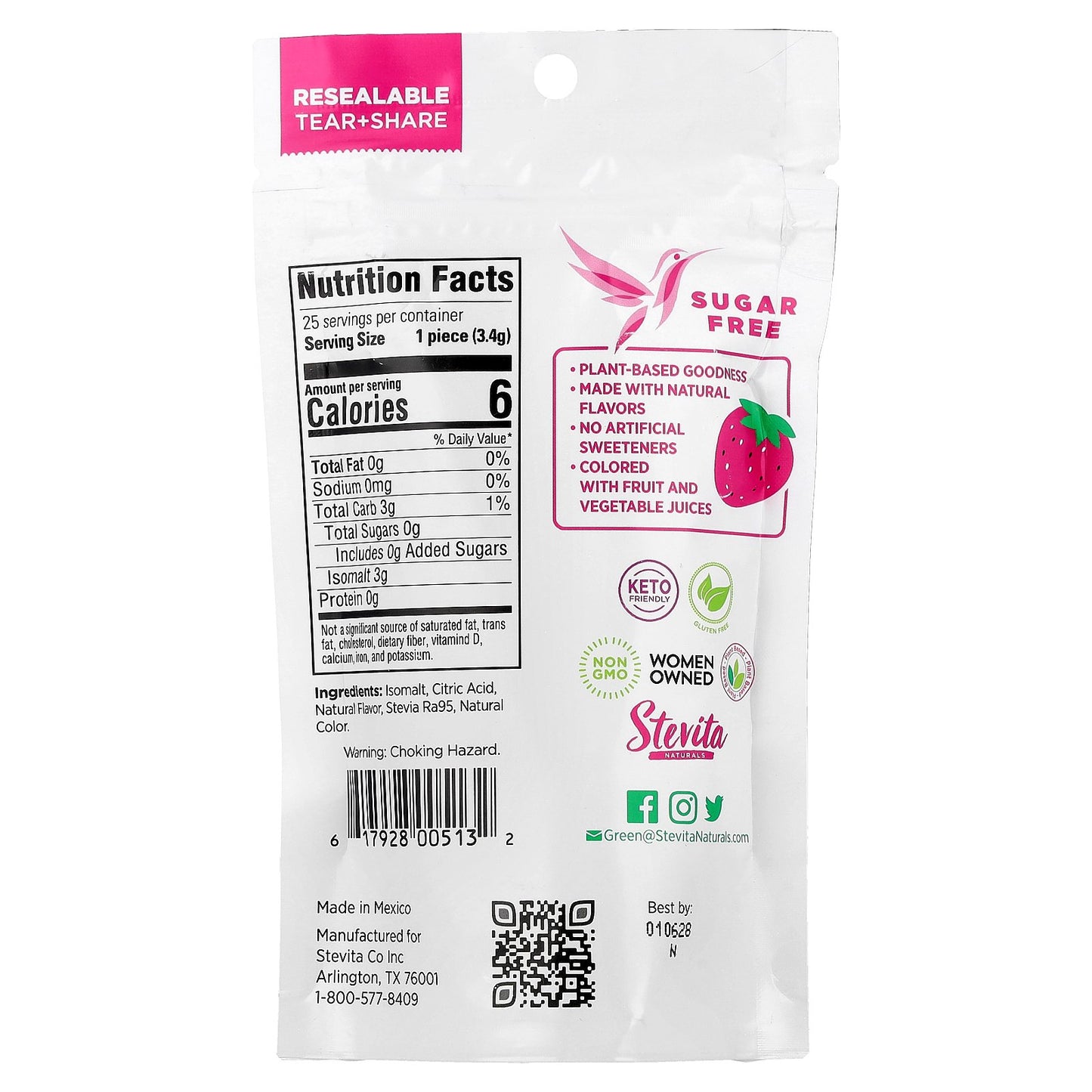 Stevita Naturals, Naturals, Sugar Free Hard Candy, Sublime Strawberry, 3 oz (85 g)