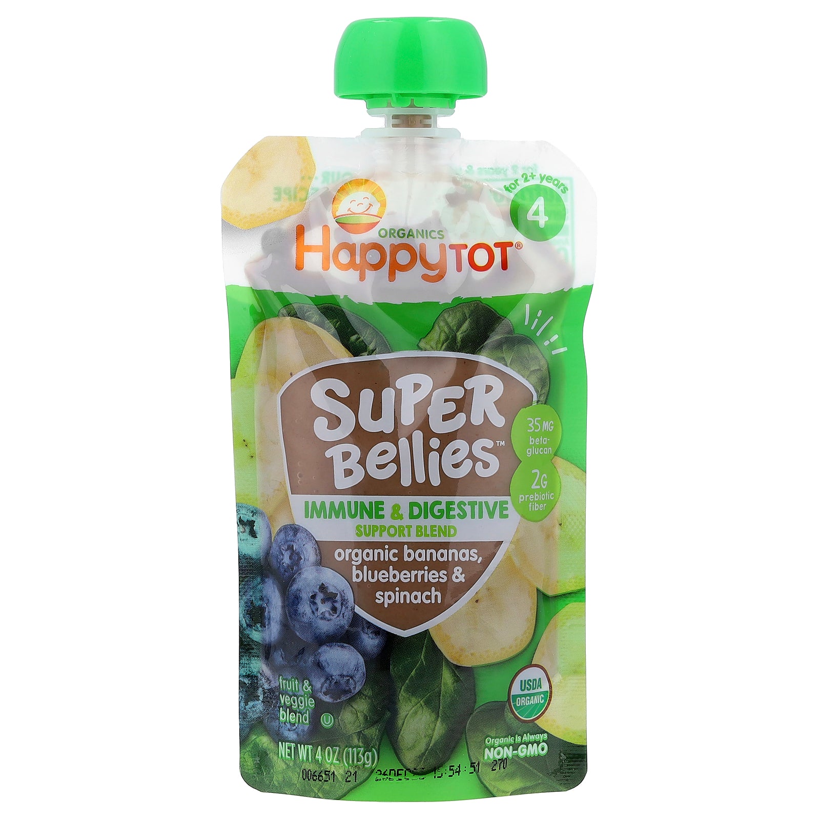 Happy Family Organics, Happy Tot®, Super Bellies™, For 2+ Years, Organic Bananas, Blueberries & Spinach, 4 oz (113 g)