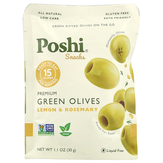 Poshi, Snacks, Premium Green Olives, Lemon & Rosemary, 1.1 oz (30 g)