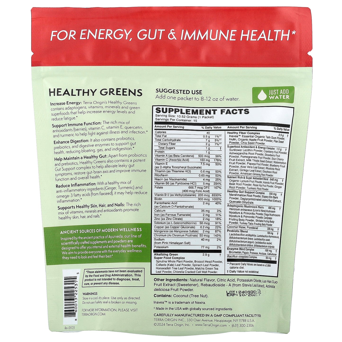 Terra Origin, Healthy Greens, Kiwi Strawberry, 15 On-The-Go Packets, 0.37 oz (10.52 g) Each