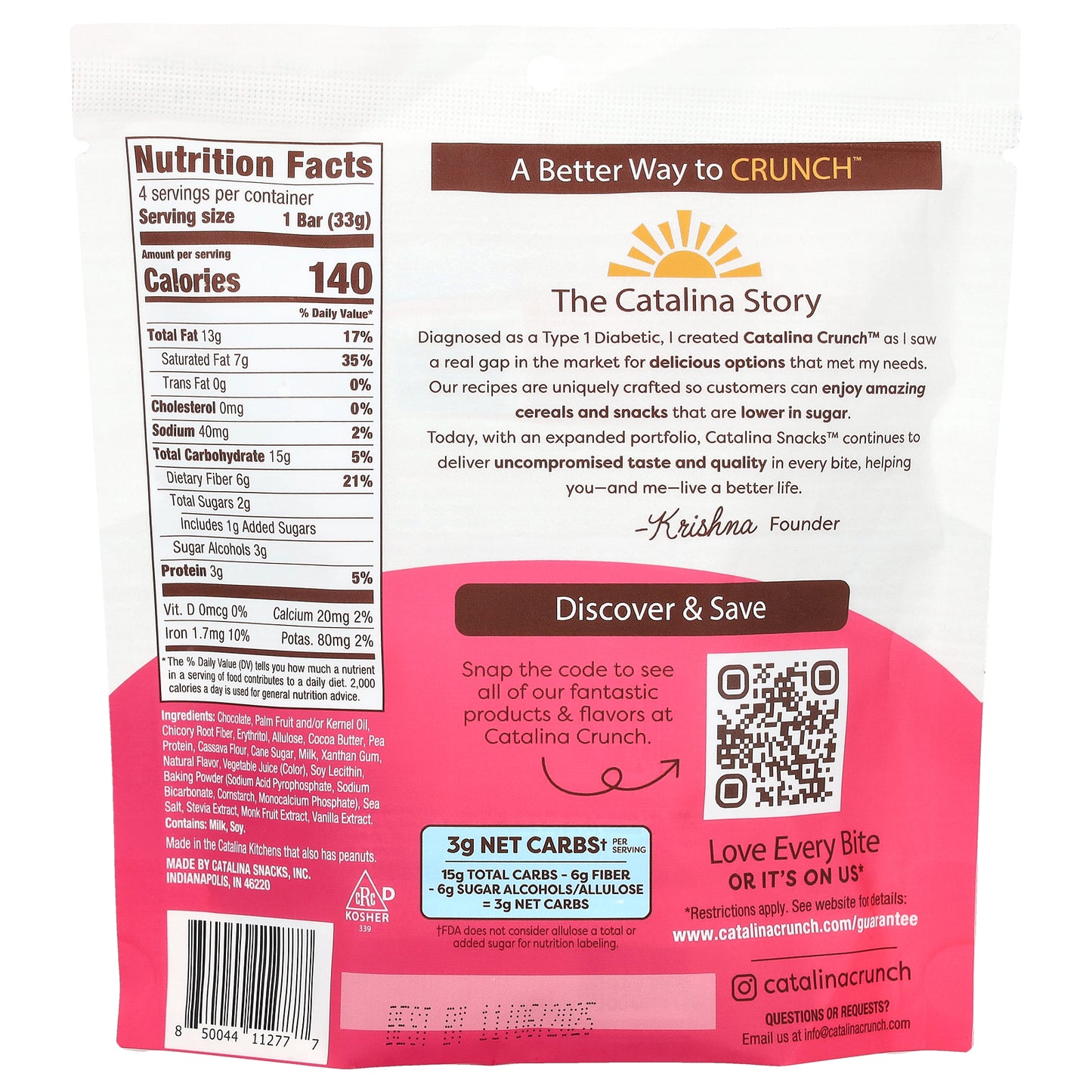 Catalina Crunch, Chocolate Cookie Bar, Raspberry , 4 Bars, 1.16 oz (33 g) Each