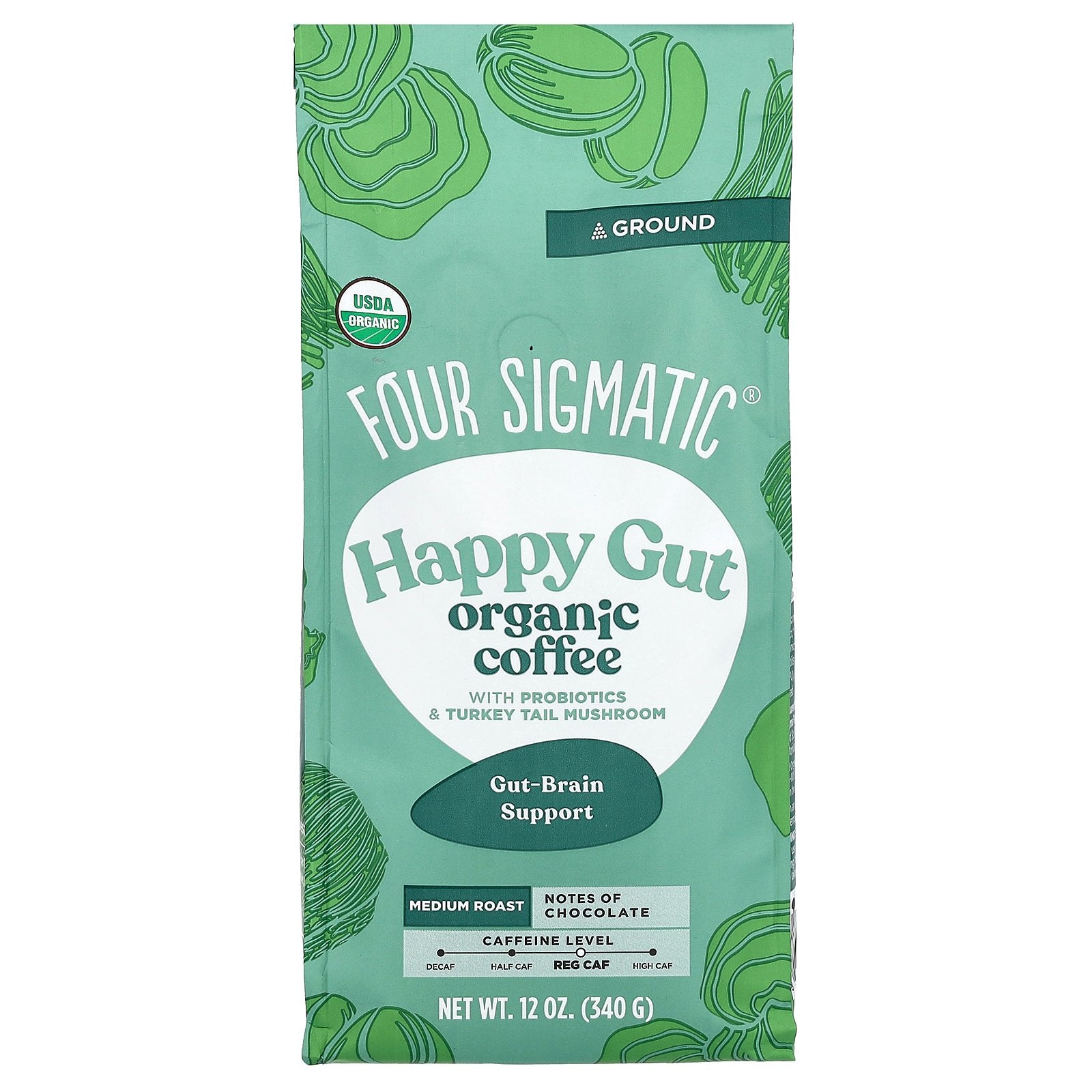 Four Sigmatic, Happy Gut, Organic Coffee with Probiotics and Turkey Tail Mushroom, Ground, Medium Roast, 12 oz (340 g)